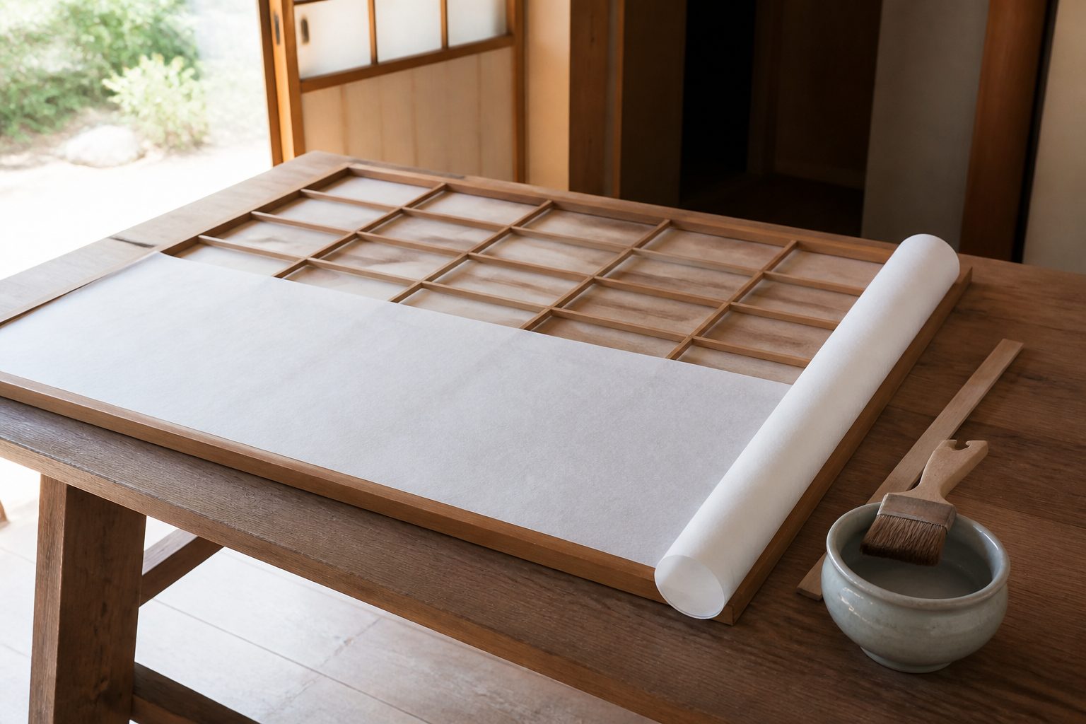 障子の張り替え作業。木枠に和紙を張るところ